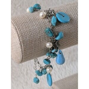 Boho Turquoise Charm Bracelet Faux Pearl Silver Tone Dangle Adjustable